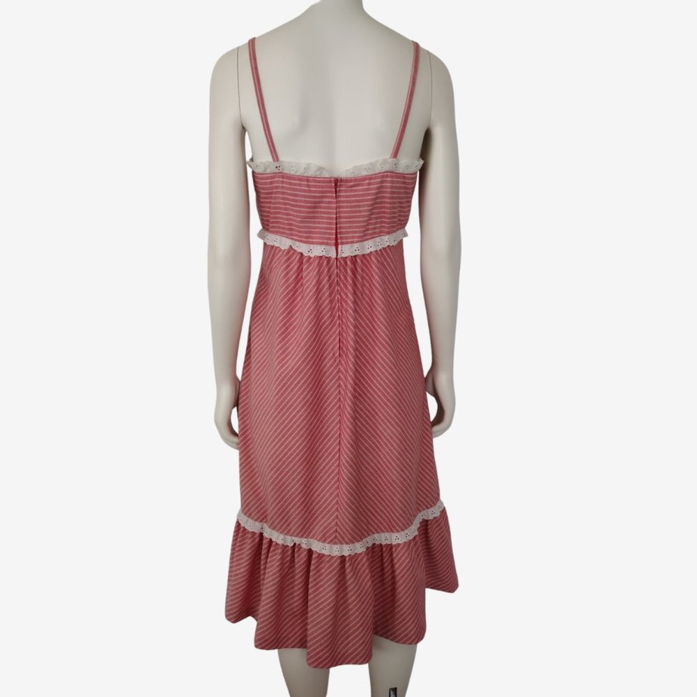 Vintage 1970s Jody T Pink Striped Empire Waist Ruffled Hem Midi Dress - Picture 8 of 11